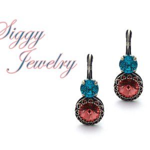 Rose Peach Rivoli and Blue Zircon Swarovski Crystal Double Drop Earrings